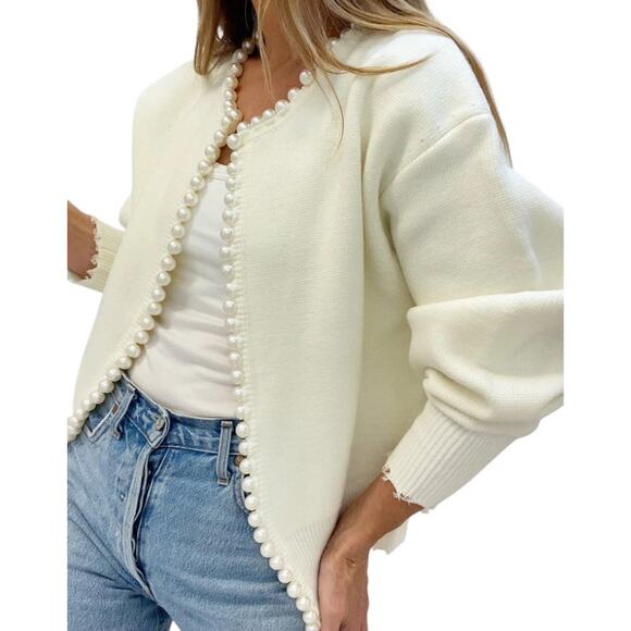 Cream Pearl Trim Knit Cardigan Sweater – Commense Size XL - Picture 5 of 7